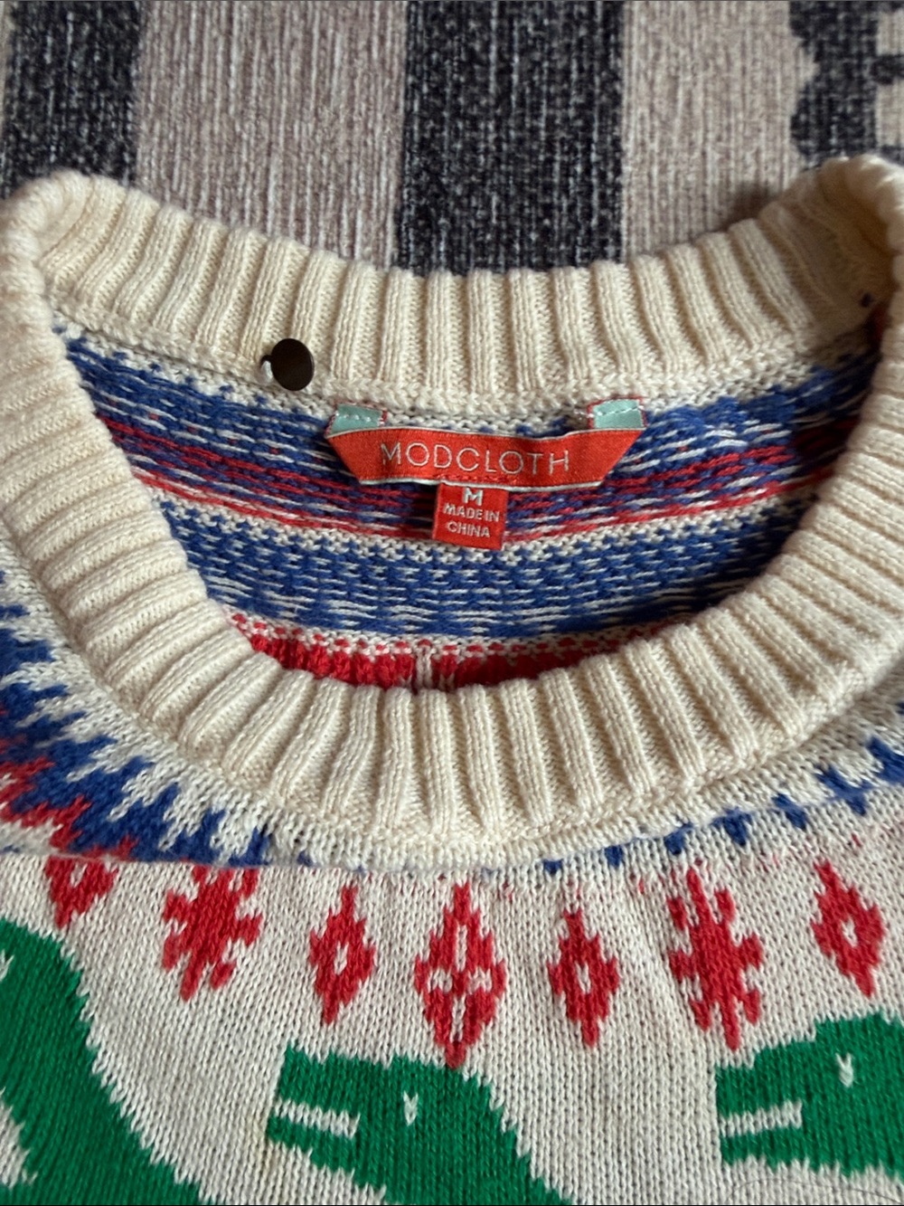 Modcloth Cream, Green & Pink Dinosaur Fair Isle Crewneck Sweater - Picture 2 of 3